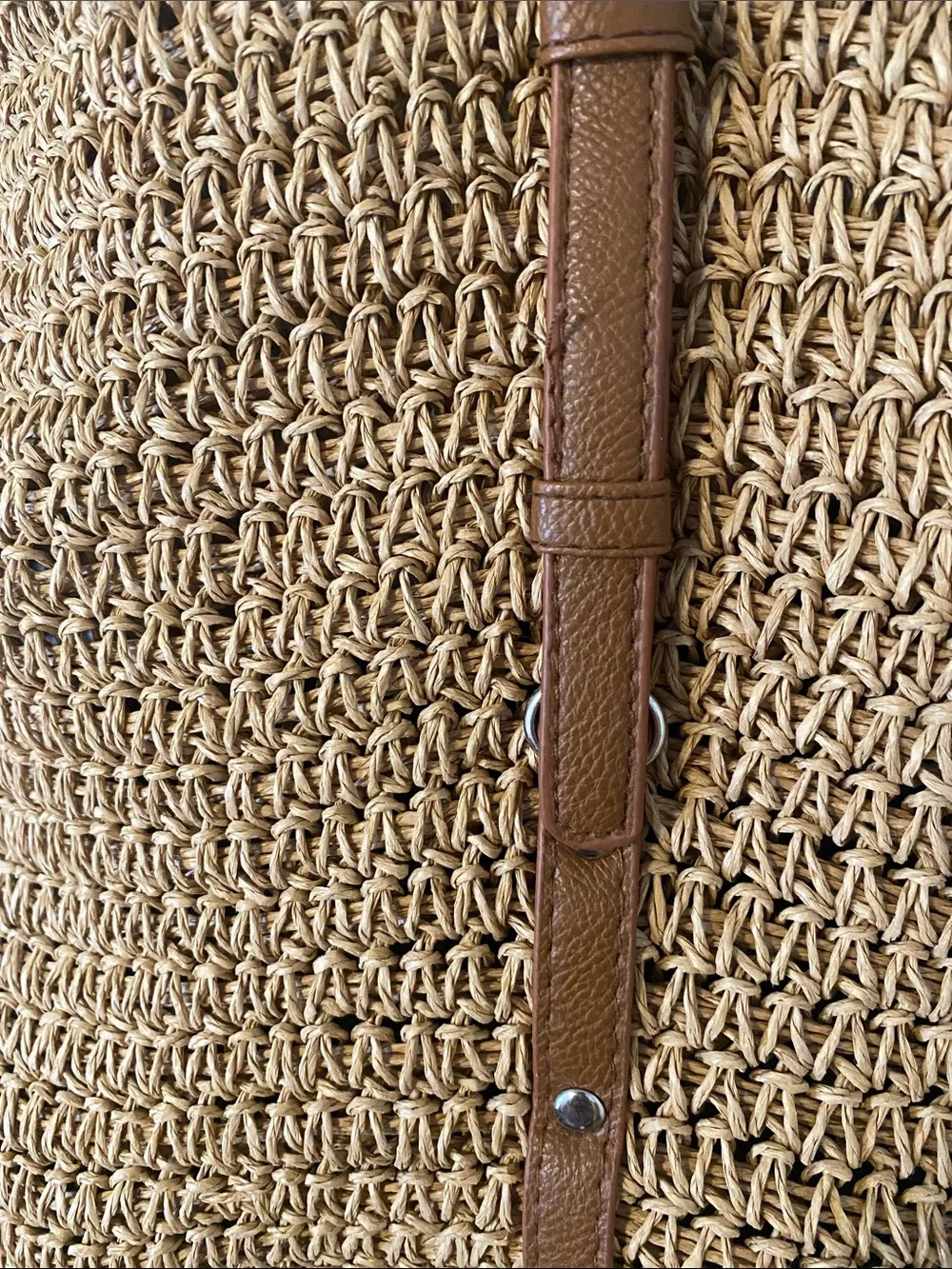 Woven Straw Tote Bag with Brown Faux-Leather Straps